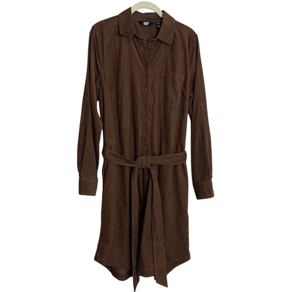Lands End Corduroy Shirt Dress Small Brown Belted Roll Tab Sleeve